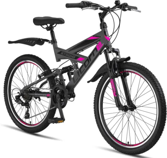 Licorne Bike VTT en V de qualité supérieure de 24 et 26 pouces - Vélo pour garçons, filles, femmes et hommes - 21 vitesses - Suspension complète anthracite/rose 24 Pouces