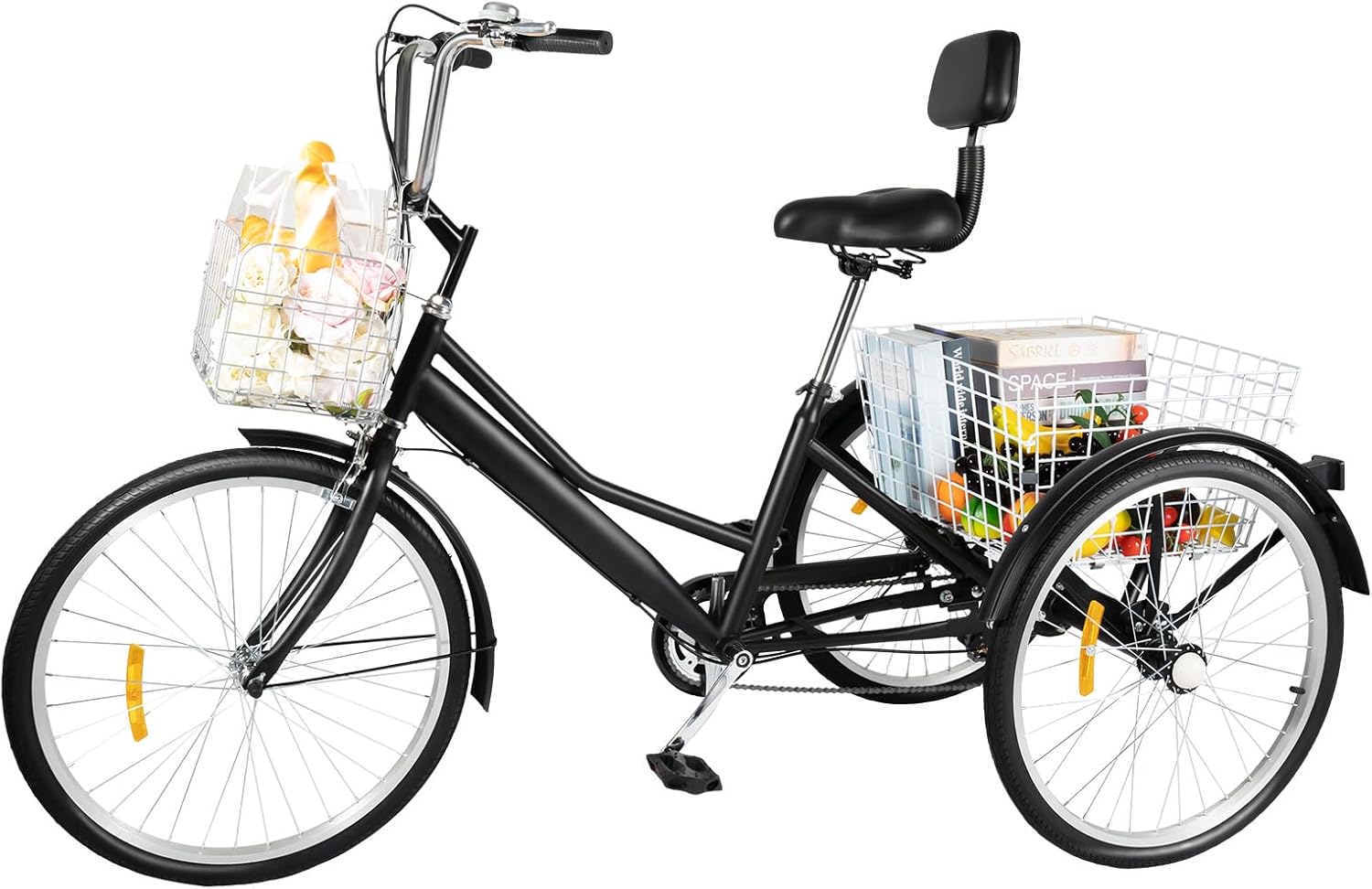 Tricycle de 24 pouces, 3 roues à 7 vitesses, pliable, tricycle pour adulte, tricycle en acier au carbone, vélo à trois roues pliable avec panier à provisions pour villes Noir