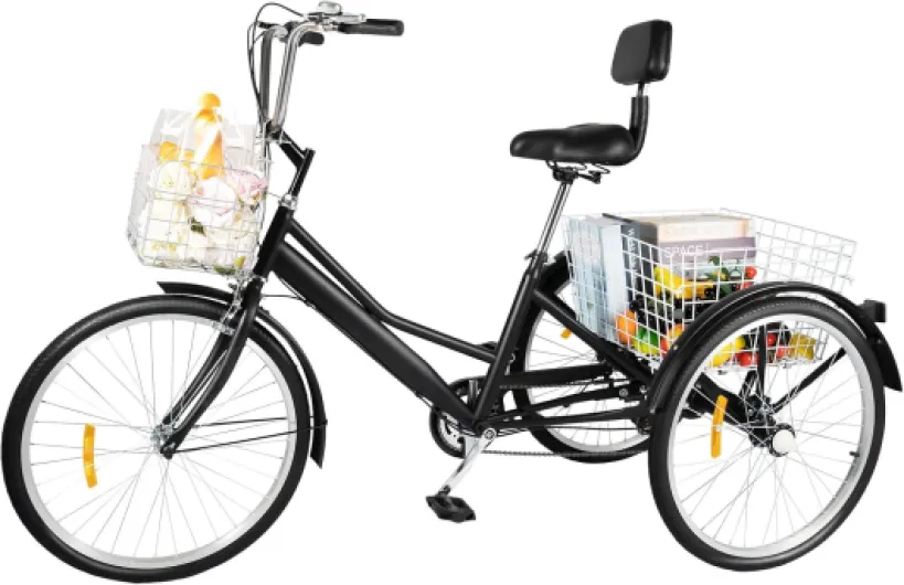 Tricycle de 24 pouces, 3 roues à 7 vitesses, pliable, tricycle pour adulte, tricycle en acier au carbone, vélo à trois roues pliable avec panier à provisions pour villes Noir
