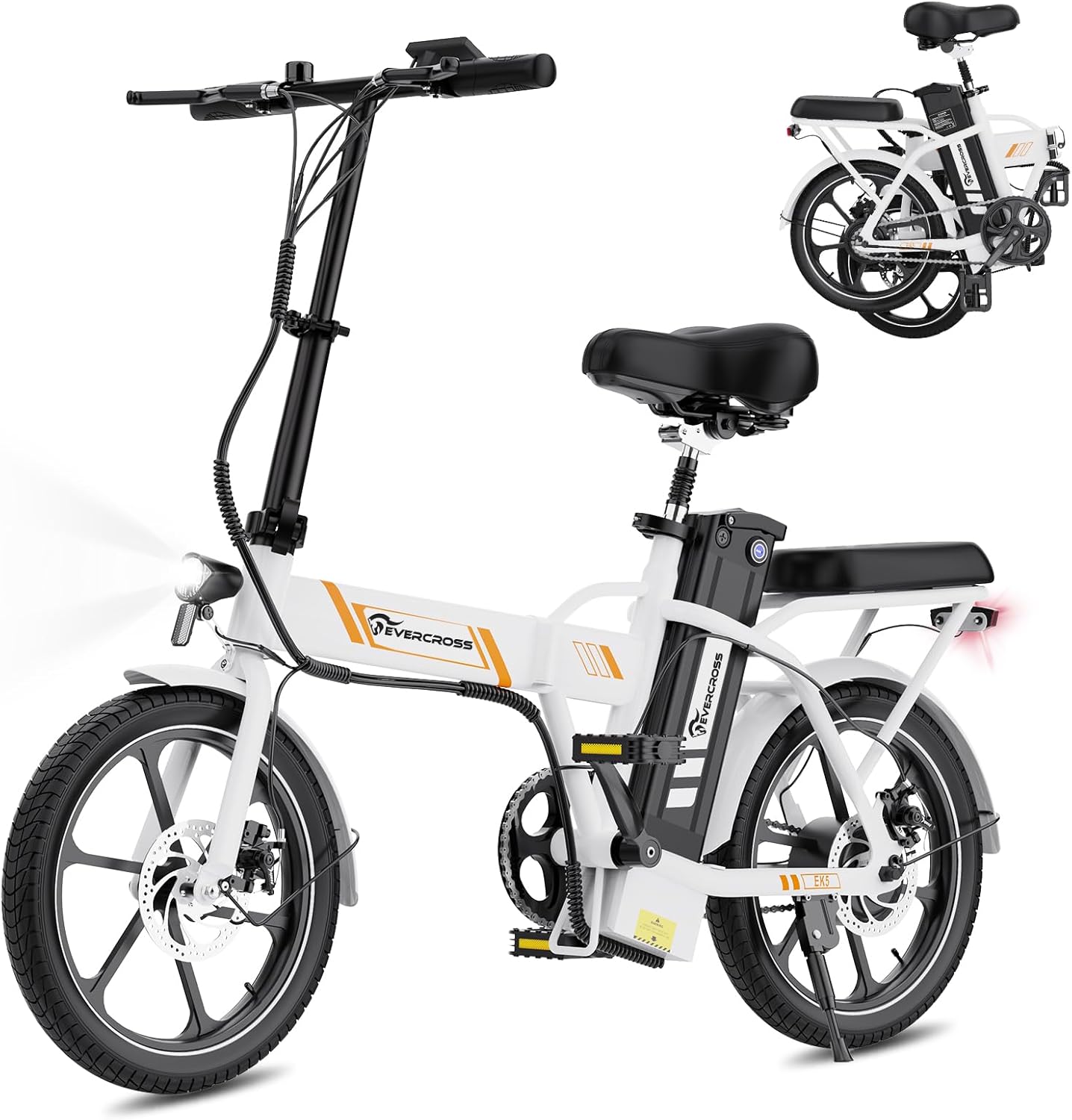 Vélo Electrique pour Adultes, 16''/20" Vélo Electrique à Gros Pneus, 250W E Bike,Jusqu'à 25KM/H, 36V/48V Batterie Amovible, Vélo Tout-Terrain Electrique pour la Neige de Montagne 16'' × 2.1'' Pneus EK5 Blanc - Max 60KM