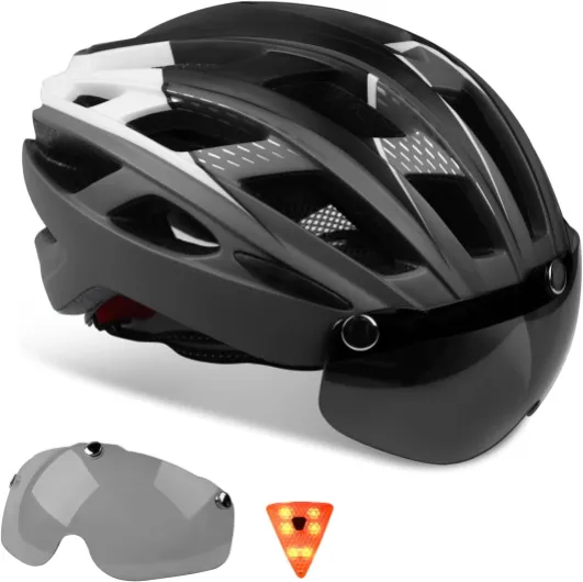 Casque Vélo Homme avec Éclairage LED,KINGLEAD Casque Vélo Femme avec Visiere Magnétique et Amovible Casque Vélo VTT Casque Velo Route Léger Ajustable Casque Vélo titane noir blanc