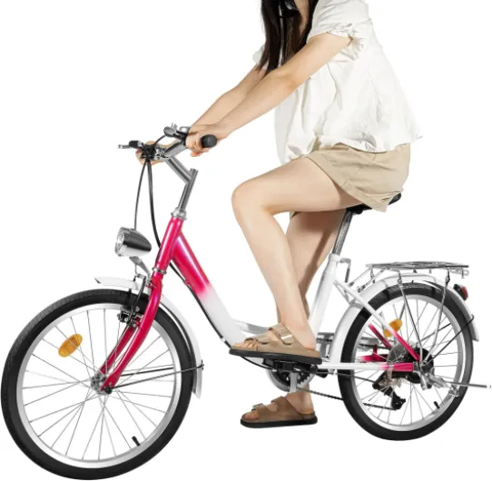 Vélo de ville de 20" à 6 vitesses avec éclairage LED - Vélo réglable en hauteur pour adultes (charge de 90 kg) – Roues en aluminium + frein en V / frein à tambour - Vélo urbain rose et blanc