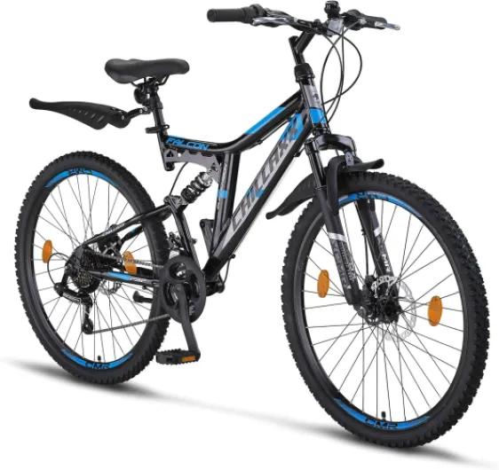 Chillaxx Falcon VTT de 24, 26, 27,5 et 29″, pour garçons, filles, femmes et hommes, frein à disque, dérailleur à 21 vitesses, suspension complète 26" Frein à disque noir et bleu