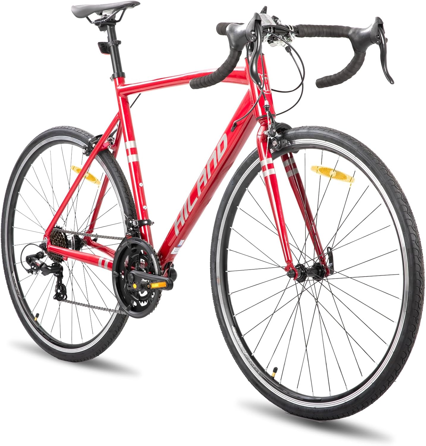HILAND Vélo Hybride de déplacement da 28 Pouces, vélo de Route avec Cadre en Aluminium 700C,Freins à Pinces Avant et arrière, 14 Vitesses,Unisexe, Tailles 57/53/49 cm, Noir/Bleu/Rouge S-490mm Rouge