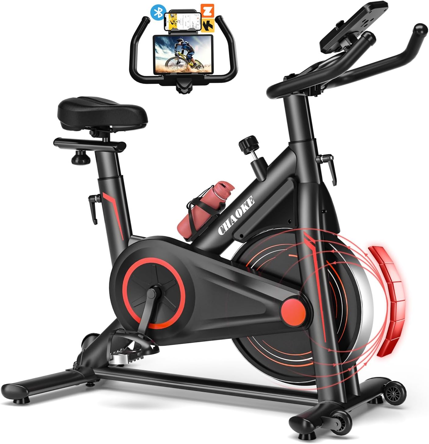 CHAOKE Velo d Appartement Silencieux avec Résistance Magnétique Réglable, Vélo d'appartement avec APP, Vélo d'exercice Moniteur LCD, Siège Confortable, Pour Entraînement Cardio, Capacité 160KG Rouge