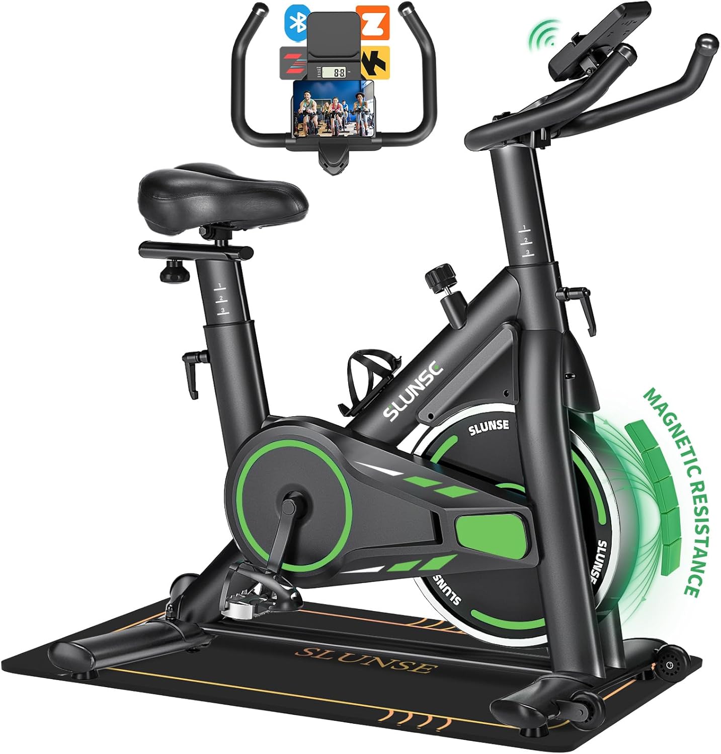 Velo d Appartement, SLUNSE Vélo d'Appartement connecté APPs avec Écran, Vélo d' Stationnaire pour la Maison avec Résistance Magnétique Réglable, Siège Moelleux et Réglage en Hauteur, Roulement 180KG [Mise à niveau] Magnétique + APP - Vert