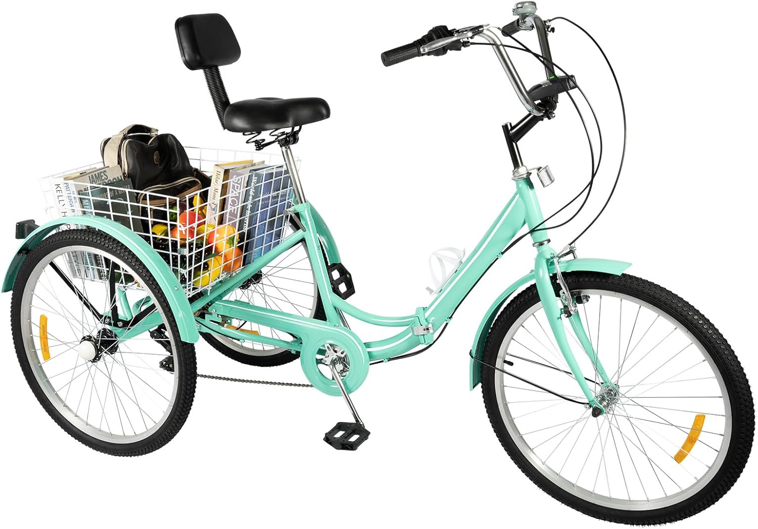 Tricycle de 24 pouces, 3 roues à 7 vitesses, pliable, tricycle pour adulte, tricycle en acier au carbone, vélo à trois roues pliable avec panier à provisions pour villes Turquoise.