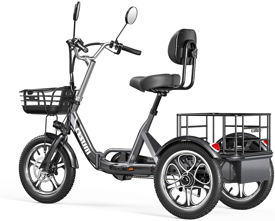 Cysum T1 Pro Tricycle électrique pour Adultes, 3 Roues Pliant vélo électrique, Batterie Lithium 48v 22 ah, 16'' Cargo E-Tricycle Homme Femme,Moteur de 250 W 16'' gris