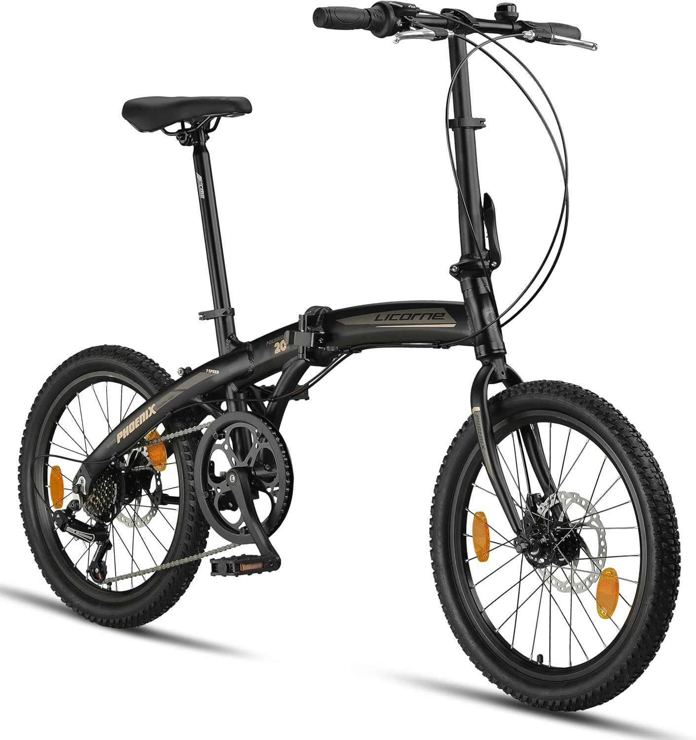 Licorne Bike Phoenix 2D Cross Vélo pliant en aluminium 20" avec frein à disque et frein à disque Pour homme et femme Dérailleur 7 vitesses Cadre en aluminium noir/or Spoke Wheels