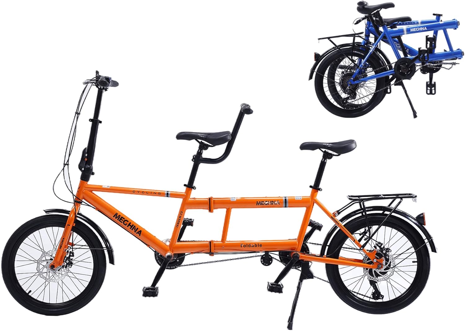 Vélo Tandem Classique - Ville du vélo Pliant en Tandem, vélo de Plage Adulte Pliable pour Adulte ajusté 7 Vitesses, Famille 3 Places,Orange