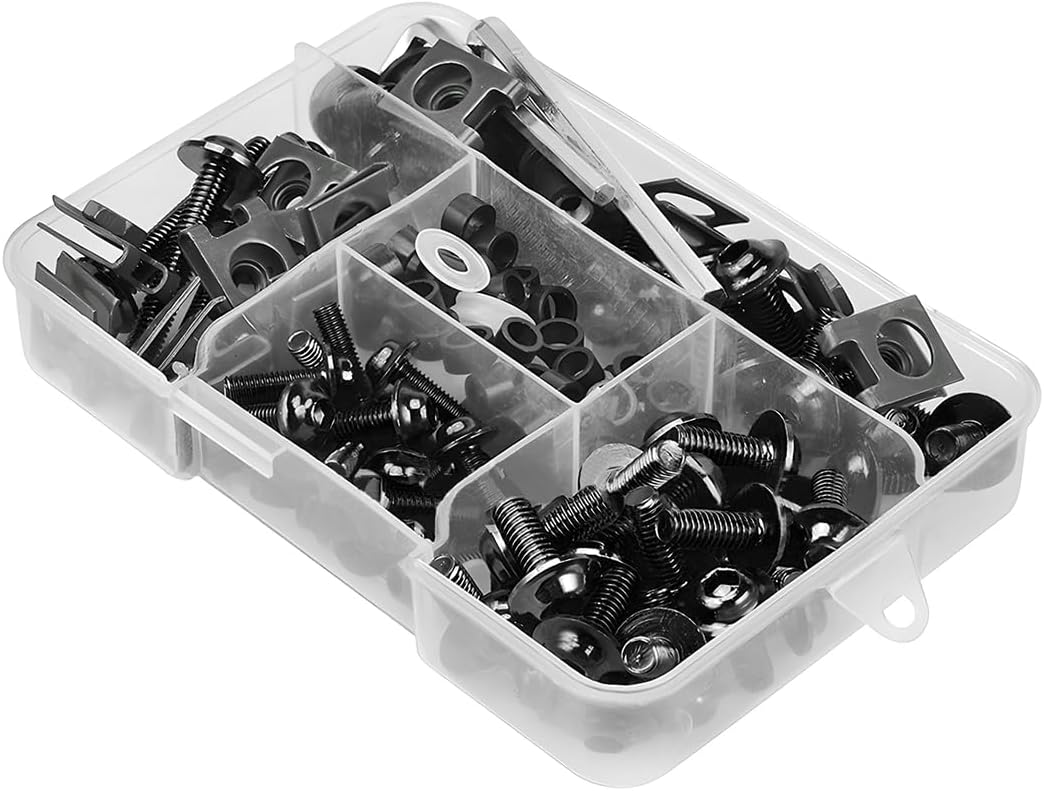 JNNJ 177 Pcs Kit de Boulons de Carénage de Motos, Ensemble de Vis D'écrou de Rondelle de Pare-Brise, Clip de Fixation Universel En Aluminium pour Les Sports Motorisés Et La Course de Moto(Noir)