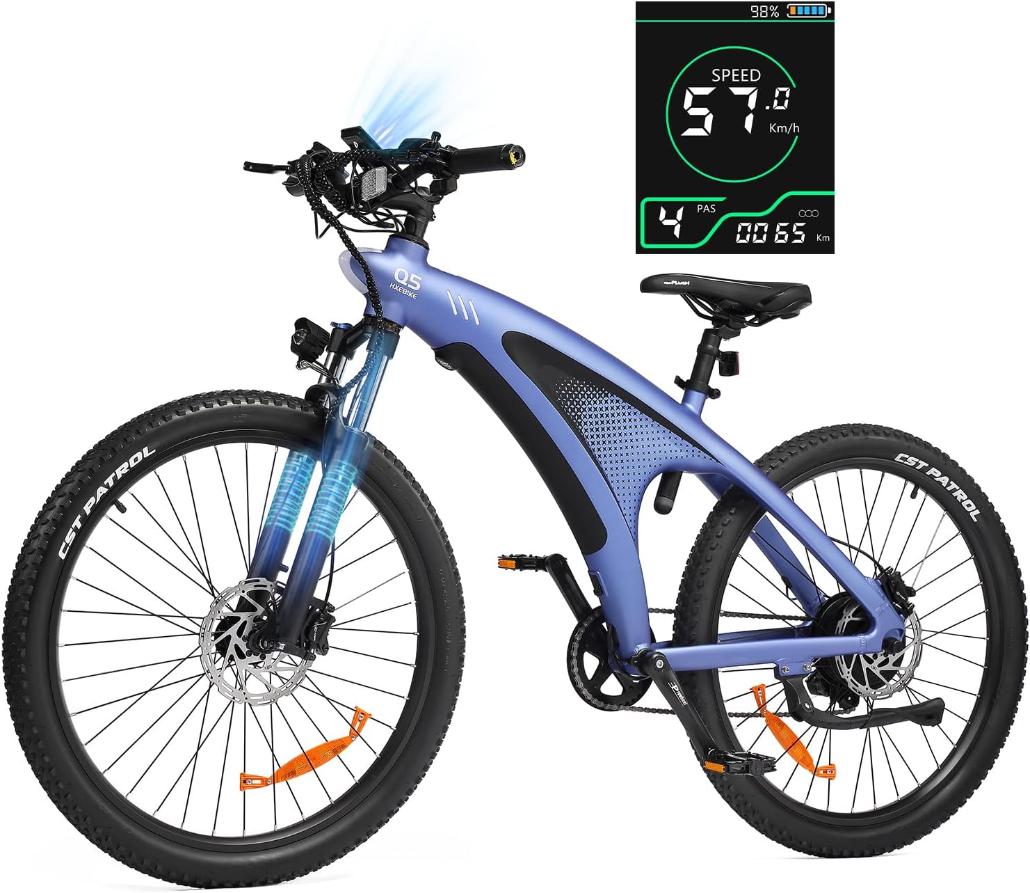 HX Q5 Vélo Électrique avec Batterie Amovible 48V 20Ah, Éclairage ambiant, Autonomie 120KM, E-Bike 7 Vitesses, Freins à Disque, Double Suspension, Écran LCD, 27,5'' Pneus Convient à Tout-Terrain Bleu