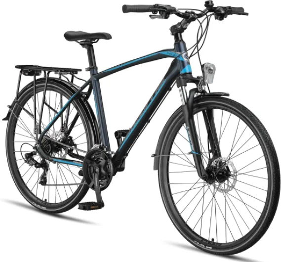 Licorne Bike Vélo de trekking 28 pouces, avec frein à disque en aluminium, 21 vitesses - VTT - Vélo cross(pour homme, bleu marine)