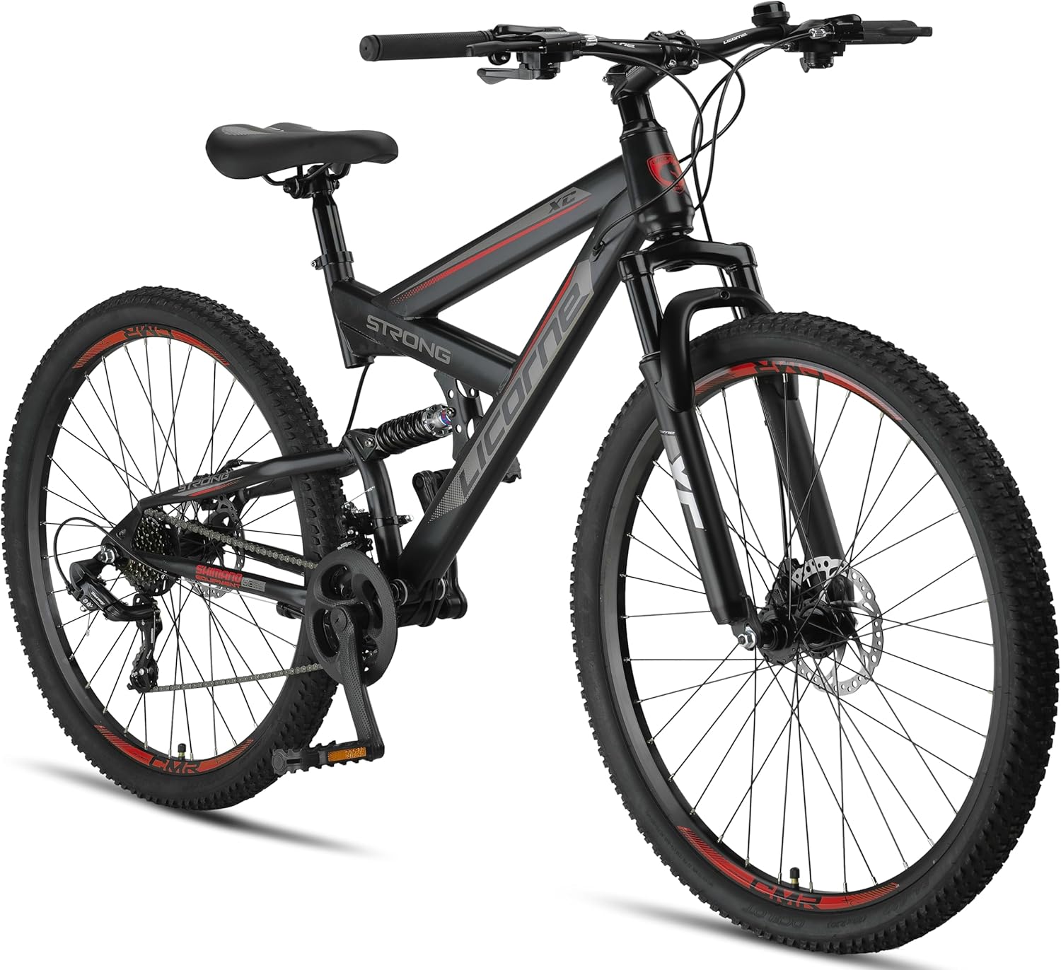 Licorne Bike Strong 2D Premium VTT 26", 27,5" et 29" - Vélo pour garçon, fille, femme et homme - Frein à disque avant et arrière - Dérailleur 21 vitesses - Suspension complète noir/rouge 0 Centimètres