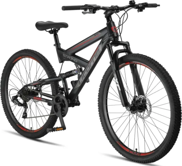 Licorne Bike Strong 2D Premium VTT 26", 27,5" et 29" - Vélo pour garçon, fille, femme et homme - Frein à disque avant et arrière - Dérailleur 21 vitesses - Suspension complète noir/rouge 0 Centimètres