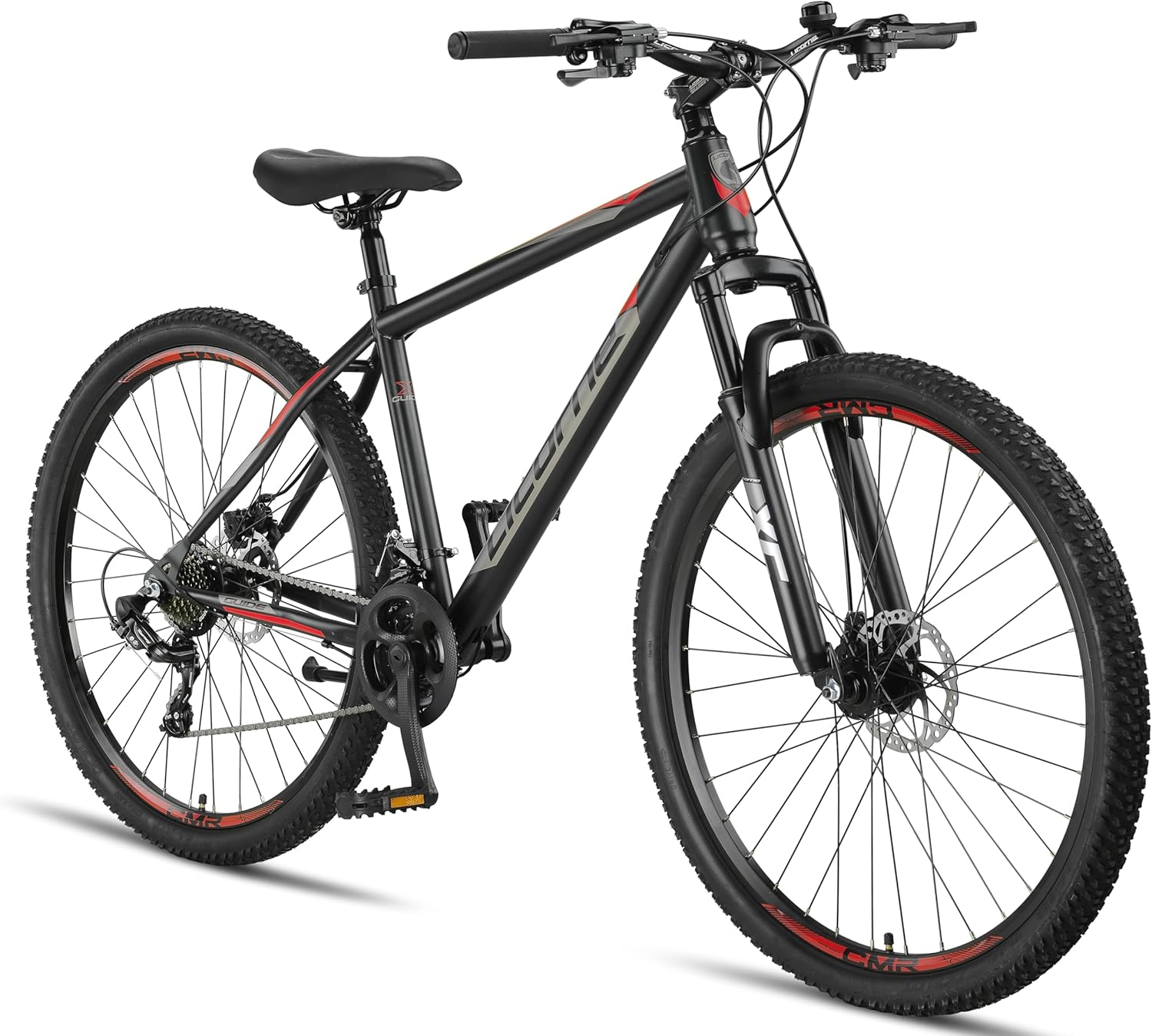 Licorne Bike Guide Premium 29 pouces VTT - VTT à fourche suspendue avec freins à disque - Qualité de marque allemande - Pour adolescents et adultes (Noir/Rouge)