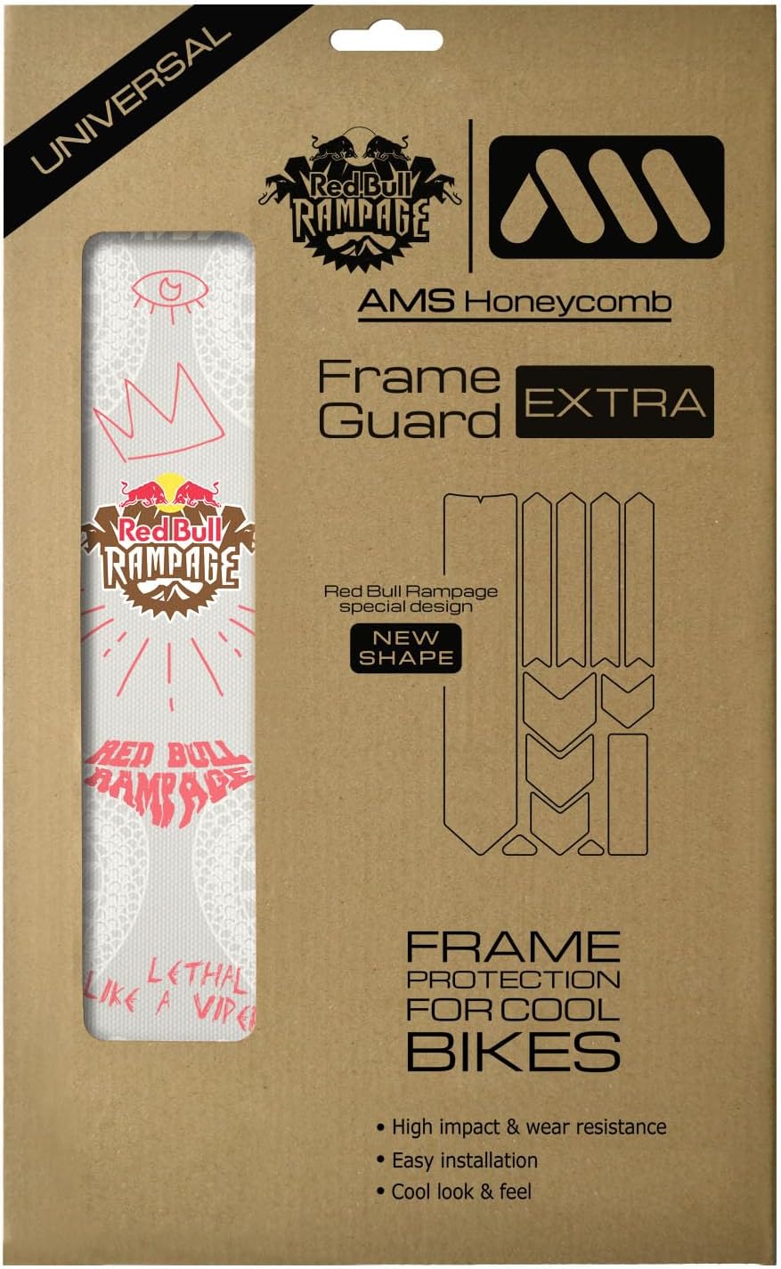 Kit de Protection de Cadre VTT en Film PVC Ultra résistant de 380 µm Contenant 10 pièces universelles - Installation Facile sans Bulles, Qui est également résistant aux UV et ne jaunit Pas - Red Bull Rampage Freeride White