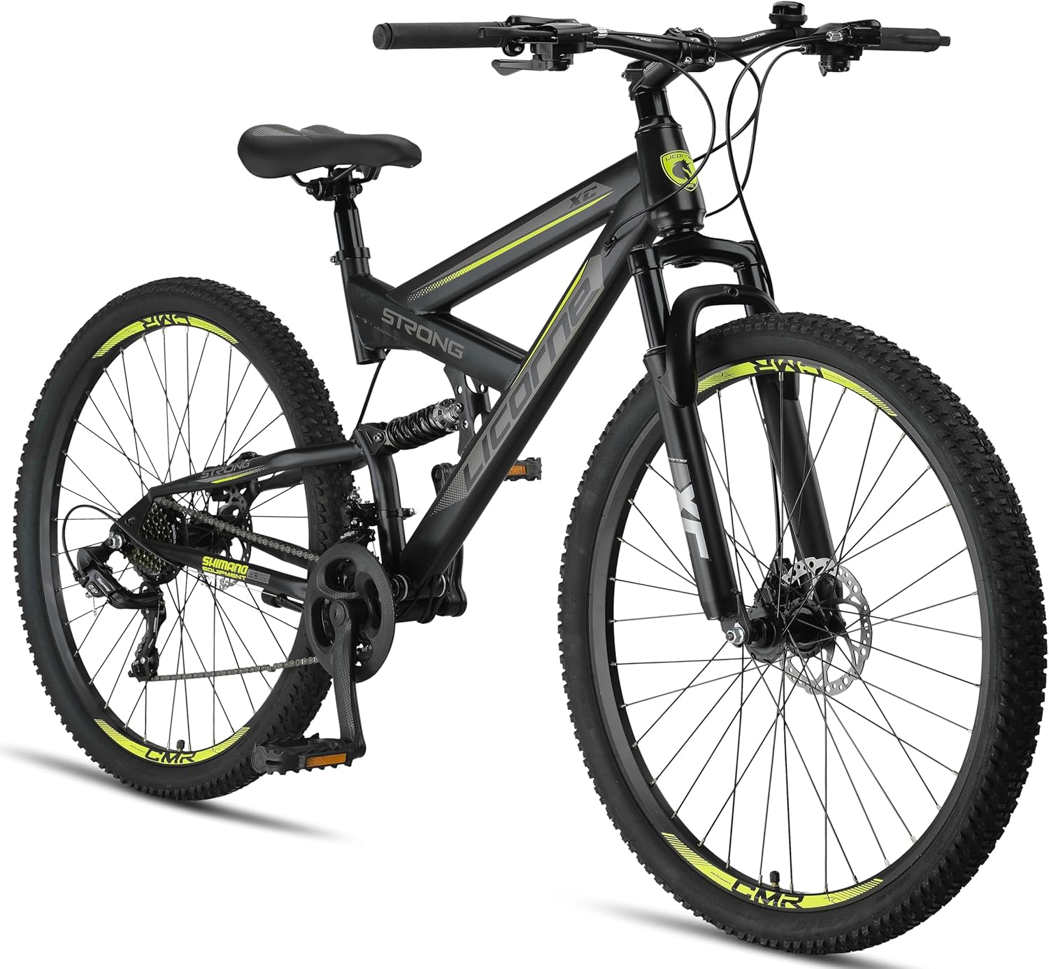 Licorne Bike Strong 2D Premium VTT 26", 27,5" et 29" - Vélo pour garçon, fille, femme et homme - Frein à disque avant et arrière - Dérailleur 21 vitesses - Suspension complète noir/citron vert 0 Centimètres