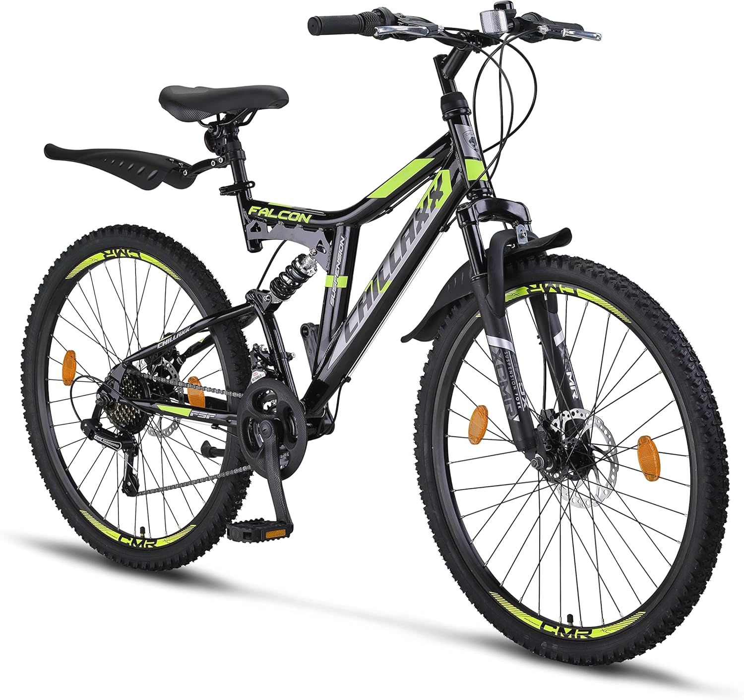 Chillaxx Falcon VTT de 24, 26, 27,5 et 29″, pour garçons, filles, femmes et hommes, frein à disque, dérailleur à 21 vitesses, suspension complète 26" Frein à disque noir/citron vert