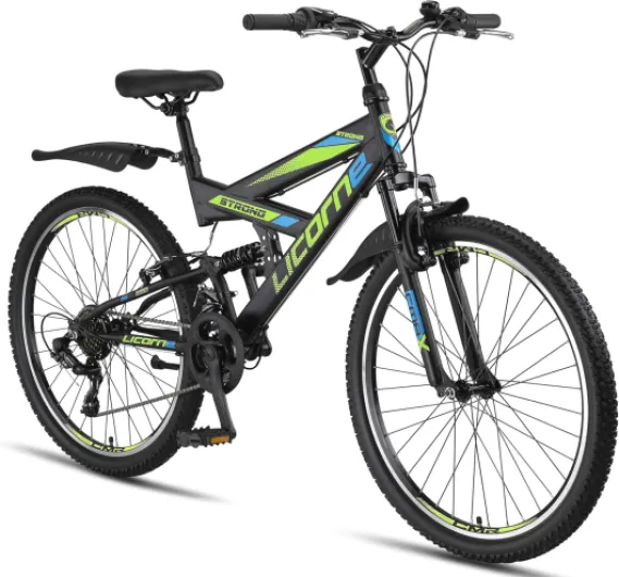 Licorne Bike VTT en V de qualité supérieure de 24 et 26 pouces - Vélo pour garçons, filles, femmes et hommes - 21 vitesses - Suspension complète noir/bleu/vert citron 26 Pouces