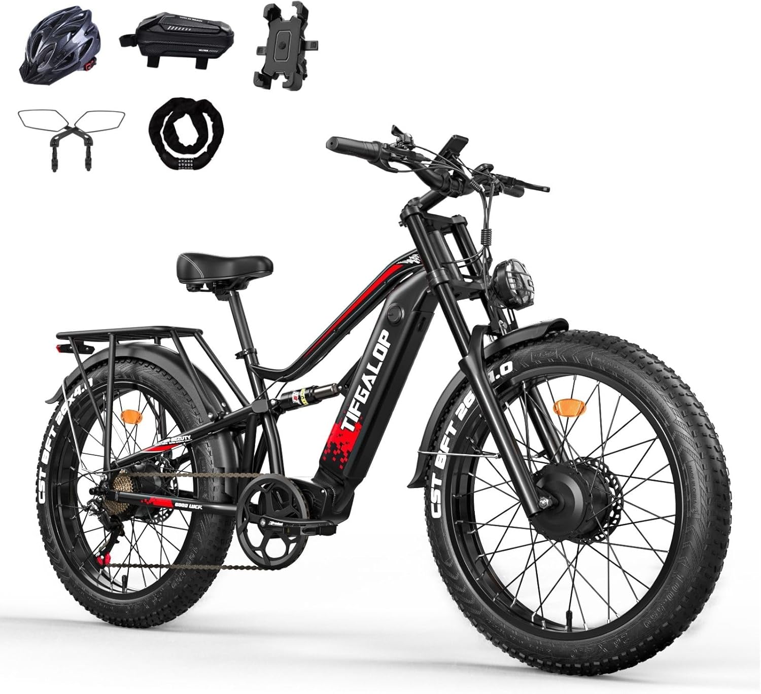 Lohang Vélo électrique pour Adultes, VTT 26 Pouces, Batterie 52 V 19/21 Ah, autonomie jusqu'à 40-90 km, Moteur Unique/Double, Double amortisseurs, 7 Vitesses, vélo électrique de Plage et de Neige 21Ah-noir-Moteur double