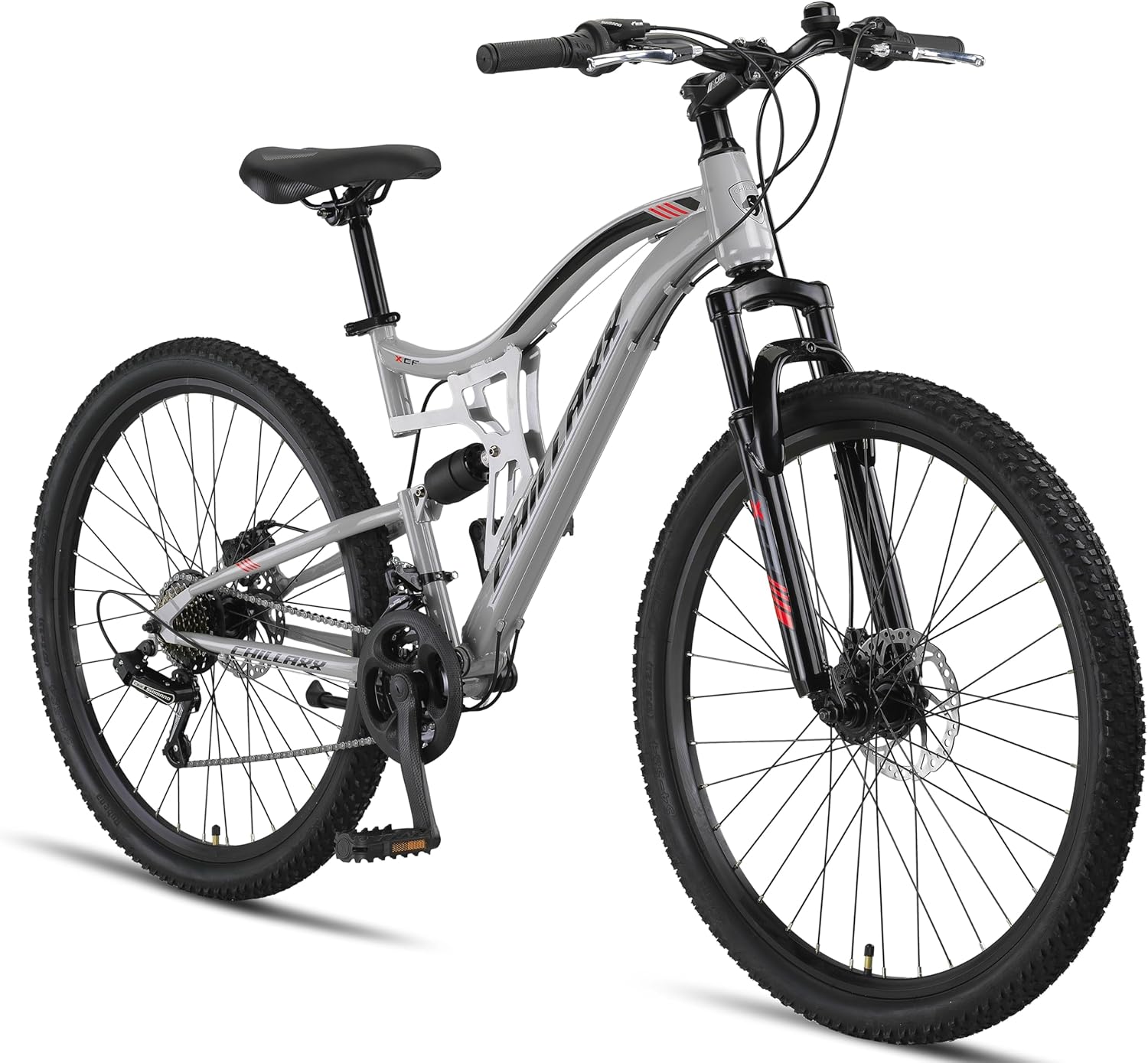 Chillaxx Falcon VTT de 24, 26, 27,5 et 29″, pour garçons, filles, femmes et hommes, frein à disque, dérailleur à 21 vitesses, suspension complète 27.5" Frein à disque gris