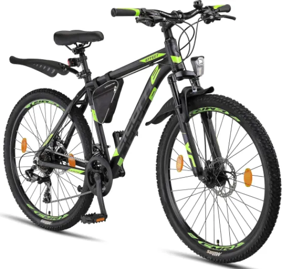 Licorne Bike Effect Premium VTT avec frein à disque en aluminium pour garçons et filles 21 vitesses noir/citron vert (2 freins à disque) - 26.0 Pouces
