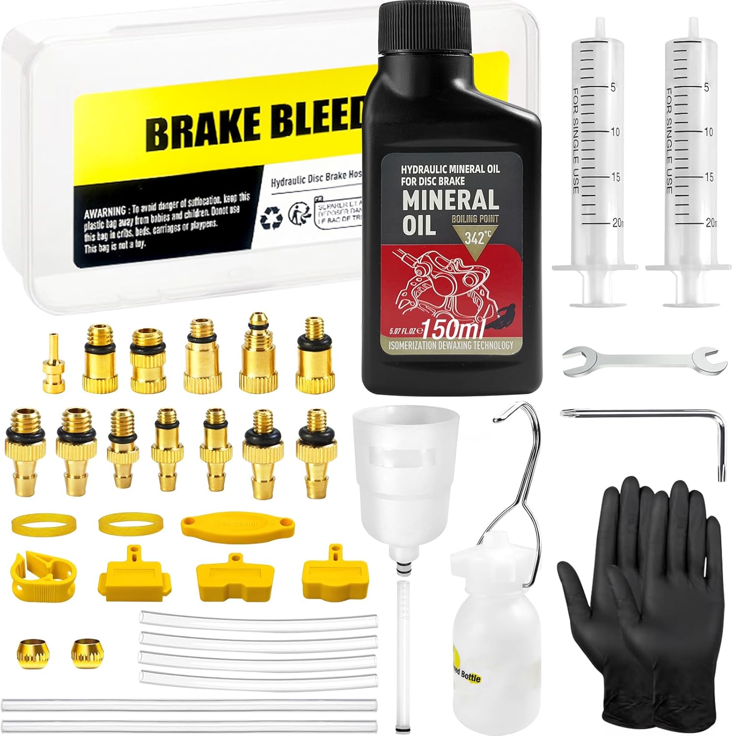 Kit Purge Freins pour Shimano, Magura, Tektro à Disque Hydrauliques pour Vélos, Kit Purge Frein VTT avec Adaptateurs en Laiton et 150ML de Liquide de Frein