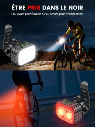 Lumiere Velo Avant et Arriere, 8 + 12 Modes d'Éclairage Lampe Vélo LED Étanche IPX6, USB Rechargeable Eclairage Velo pour Cyclysme VTT, VTC, Bicyclette, Longue Durée de Vie de la Batterie Lot de 1