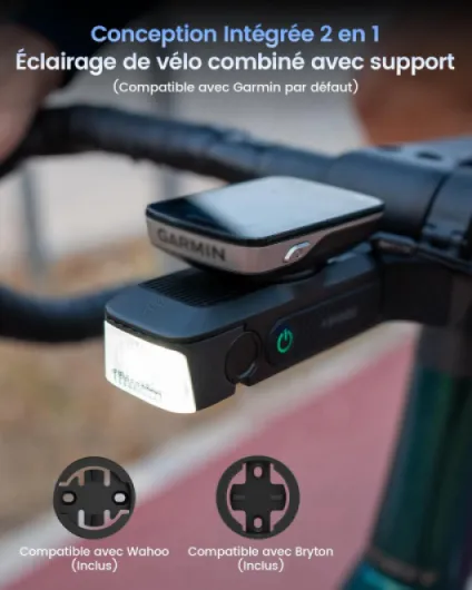 FR1000 1000 Lumens Phare Avant pour Un éclairage Nocturne et Une Visibilité Diurne Compatible avec Garmin/Wahoo/Bryton Compteurs Vélo, éclairage et Support intégrés, Marche/Arrêt Automatique