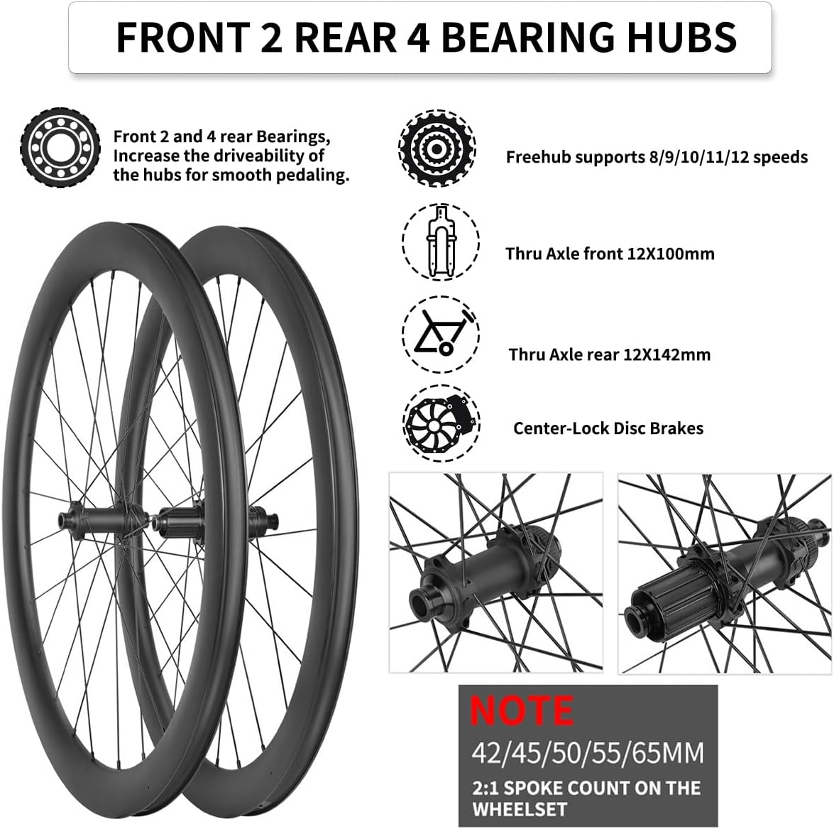 700C Fibre De Carbone Roues De Vélo De Route Axe Traversant Roues Avant Et Arrière Verrouillage Central Frein À Disque Moyeux 24H pour Cassette 8/9/10/11/12 Vitesses(65MM) 65MM Noir