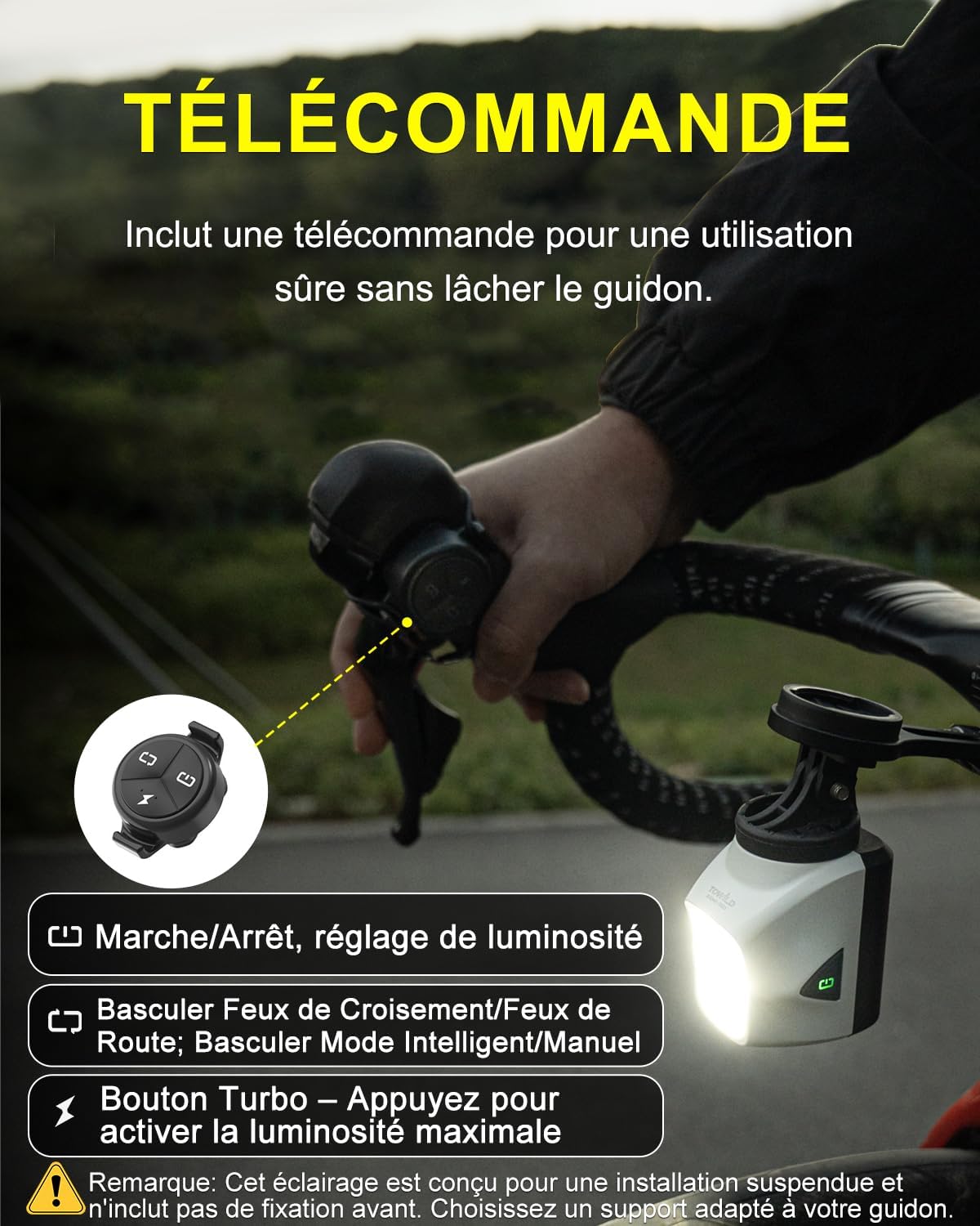 DL1700 Lumiere Velo avec Télécommande, Lampe de Vélo 1700 Lumens avec Double Source Lumineuse avec Feux de Route et Croisement, éclairage Avant Vélo Rechargeable 4000mAh Phare Avant VTT Blanc