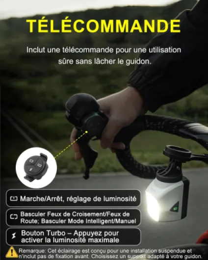 DL1700 Lumiere Velo avec Télécommande, Lampe de Vélo 1700 Lumens avec Double Source Lumineuse avec Feux de Route et Croisement, éclairage Avant Vélo Rechargeable 4000mAh Phare Avant VTT Blanc