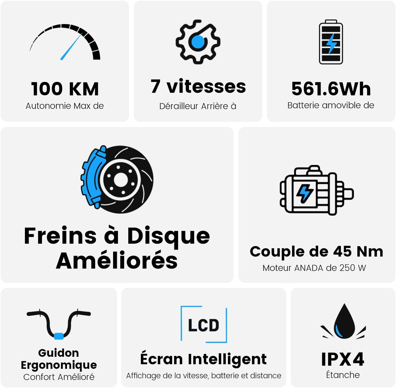 Vélo Électrique 27,5", Moteur 250W, Batterie 36 V 15,6 Ah Amovible, Autonomie Jusqu’à 100 km, 7 Vitesses, Écran LCD, Assistance 25 km/h, Charge Max 120 kg, Modèle Mixte E-Bike Noir