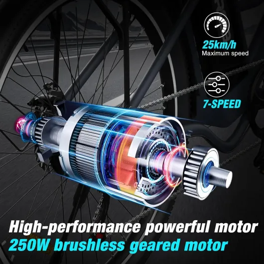 26" Vélo Électrique Urbain Homme/Femme, Moteur 250W, 7 Vitesses,Autonomie 35-90 km, Double Frein à Disque,E Bike de Montagne avec Sacoche Étanche pour Vélo Noir