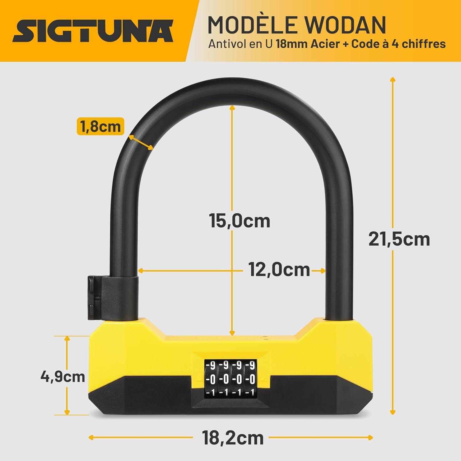 Antivol Vélo à Code, 18 mm Robuste Antivol de Vélo et Support, 3 Clés de Haute Sécurité pour Vélo de Route, Vélo Pliant, Moto Noir Jaune