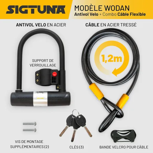 Antivol Velo avec 1,2m Câble, 16 mm Robuste Antivol de Vélo et Support, 3 Clés de Haute Sécurité pour Vélo de Route, Vélo Pliant, Moto (Jaune)