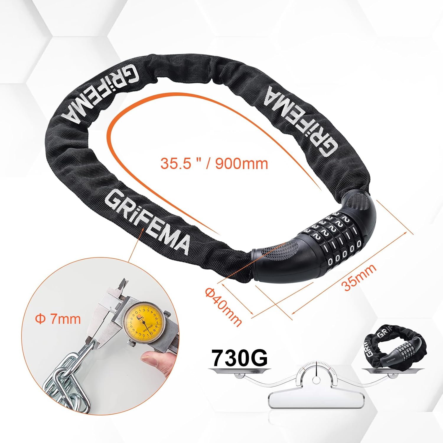 GAK1201-9, Chaîne Antivol Vélo 90 CM, Chaîne Cadenas Vélo 5 Chiffres Codes pour Vélos, Motos, trotinette electrique, Portails, Noir Type de Codes