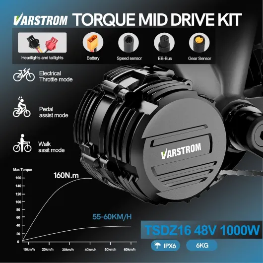 Moteur Central TSDZ16 48V 1000W Kit Conversion Vélo Électrique avec Batterie Optionnelle et Écran SWM58 LCD, Capteur Couple Intégré Précis, Plateau 46T Acier, pour Boîtier Pédalier 68-73mm VTT MTB avec 48V18,2Ah Rear Rack Batterie