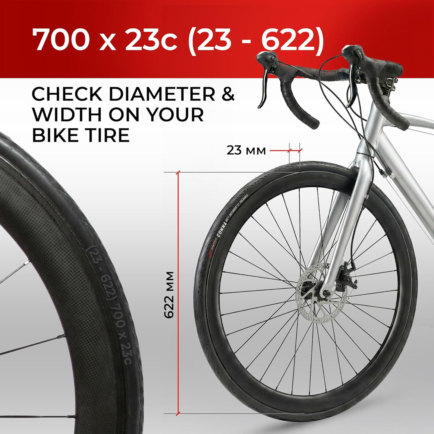 Pneu Velo Route 700x23c - Paire Pneus 23-622 Protection Antiponcture Anti-Crevaison 1mm, 60TPI avec 2X Chambre à Air 700x23c Presta - pour Route Courses Tournée Vélo Bici Un Paquet de 2 Conna