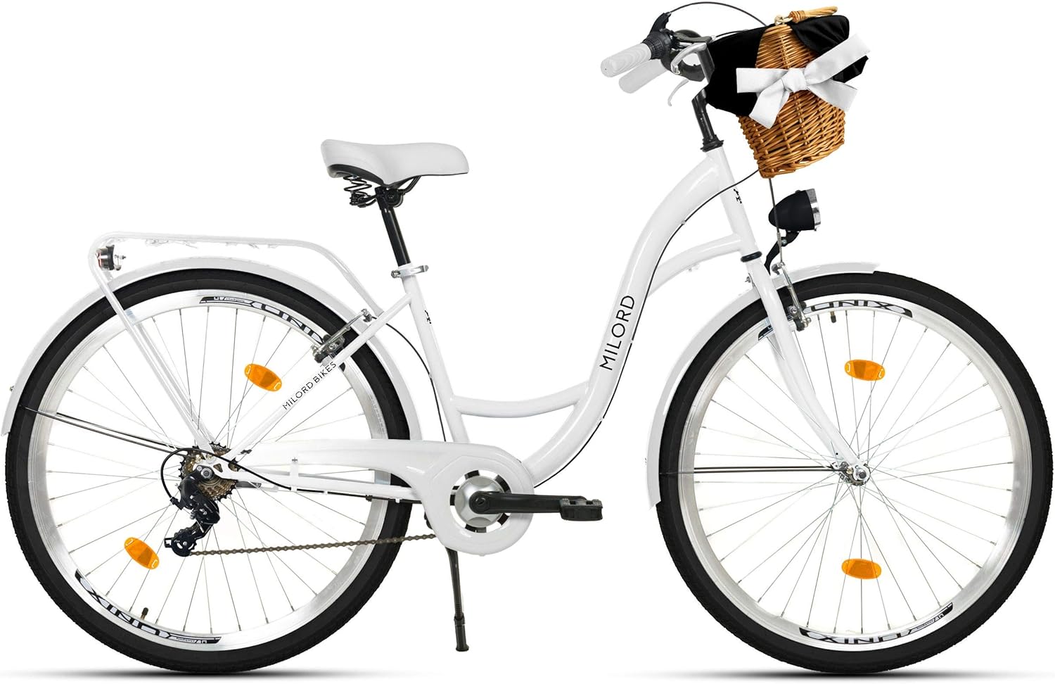 Milord - Vélo Confort Blanc à 7 Vitesse de 26 Pouces avec Panier et Porte-Bagages arrière, vélo néerlandais, vélo pour Femme, vélo de Ville, rétro, Vintage