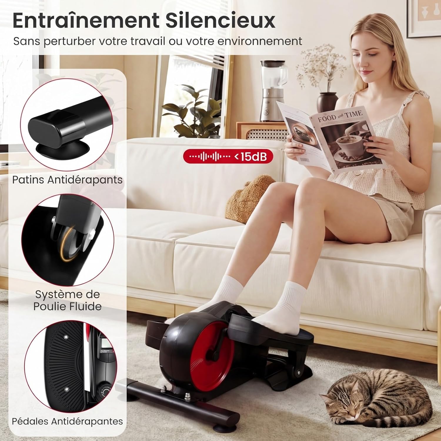 Appareil Elliptique sous Bureau, Pédale d'exercice Résistance Magnétique Réglable Silence Absolu, Machine Compacte pour Exercices des Jambes Assis avec Mouvement Rouge+Noir