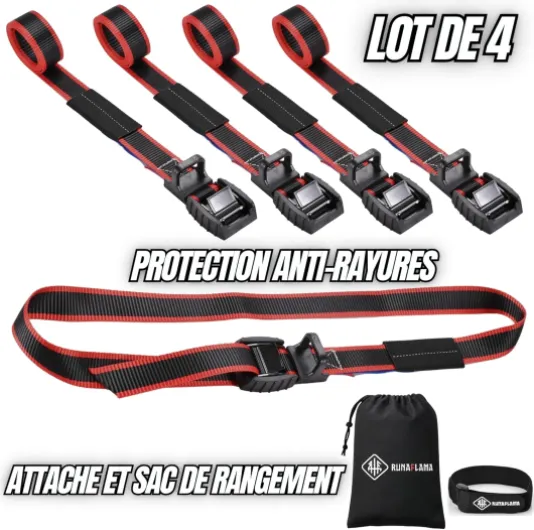 Petites Sangles D'arrimage avec Protection Gomme Antirayures - Sangles De Serrage Courtes pour Moto Remorque, Porte Vélo - en 12195-2 Résistance 500 kgf par Unité - 4 Unités 1m 4 x 1m Noir-Rouge