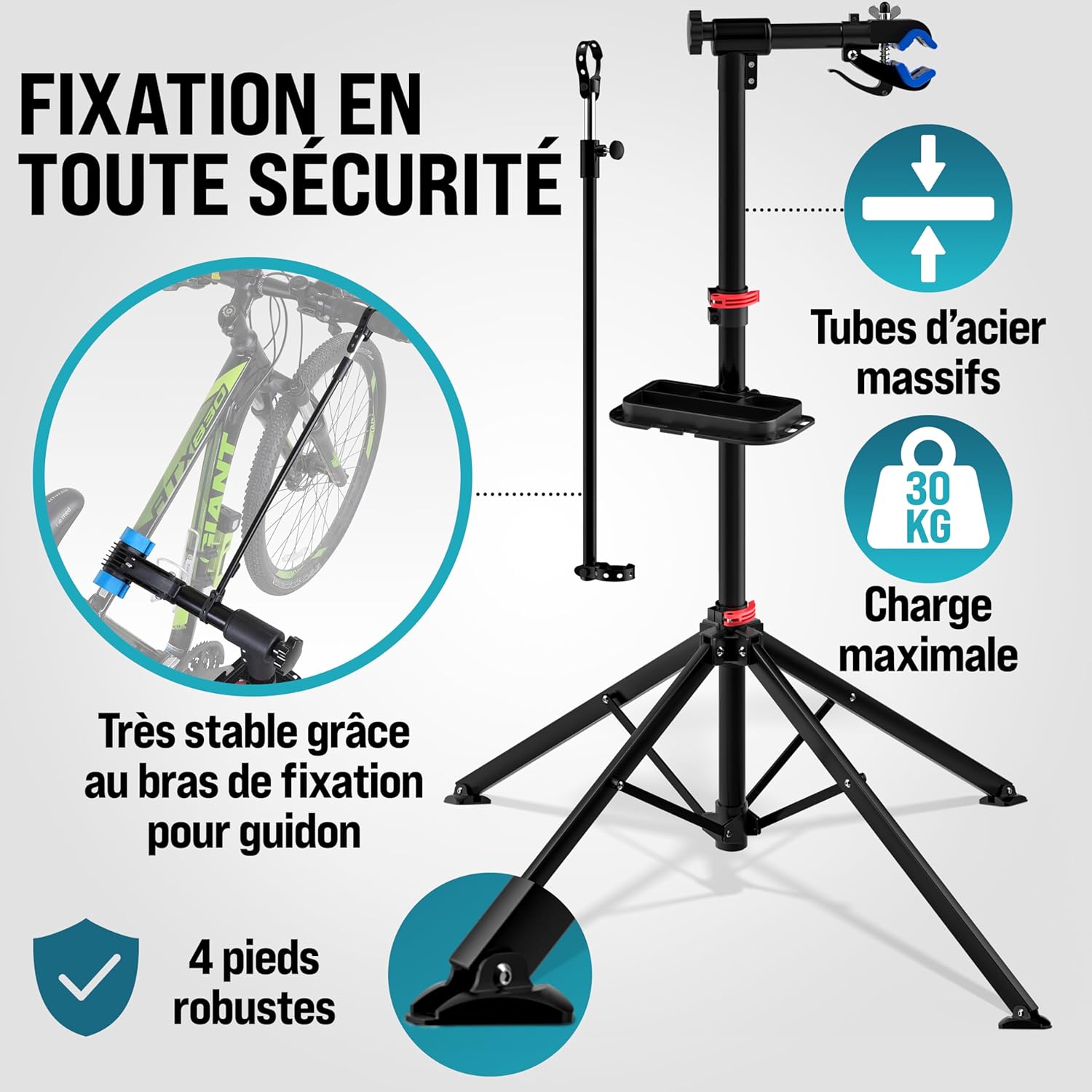 ® Pied d'atelier vélo Pliable 30/50kg réglable Hauteur Sac de Transport raccord Rapide Pied de réparation VTT Support vélo électrique 30 kg