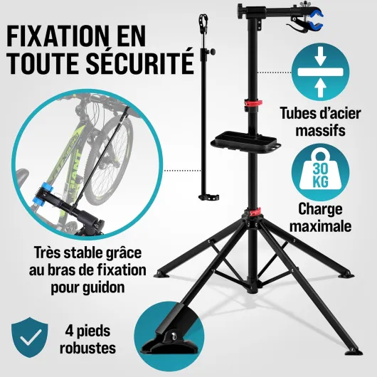 ® Pied d'atelier vélo Pliable 30/50kg réglable Hauteur Sac de Transport raccord Rapide Pied de réparation VTT Support vélo électrique 30 kg