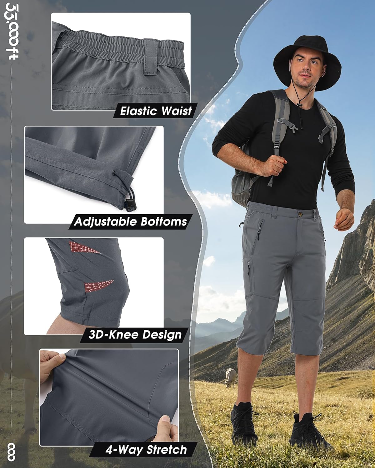 33,000ft Homme Shorts de Randonnée 3/4 Capri Pantalon Cargo Décontracté Pantacourt avec Poches Zippées Gris 3XL