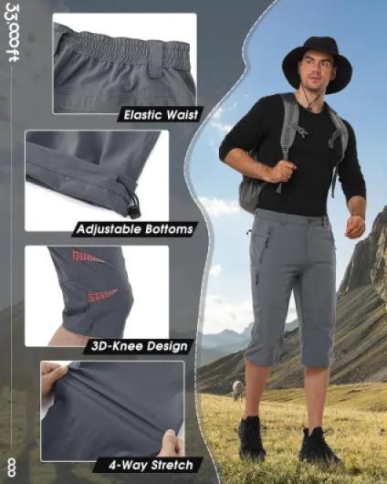 33,000ft Homme Shorts de Randonnée 3/4 Capri Pantalon Cargo Décontracté Pantacourt avec Poches Zippées Gris 3XL