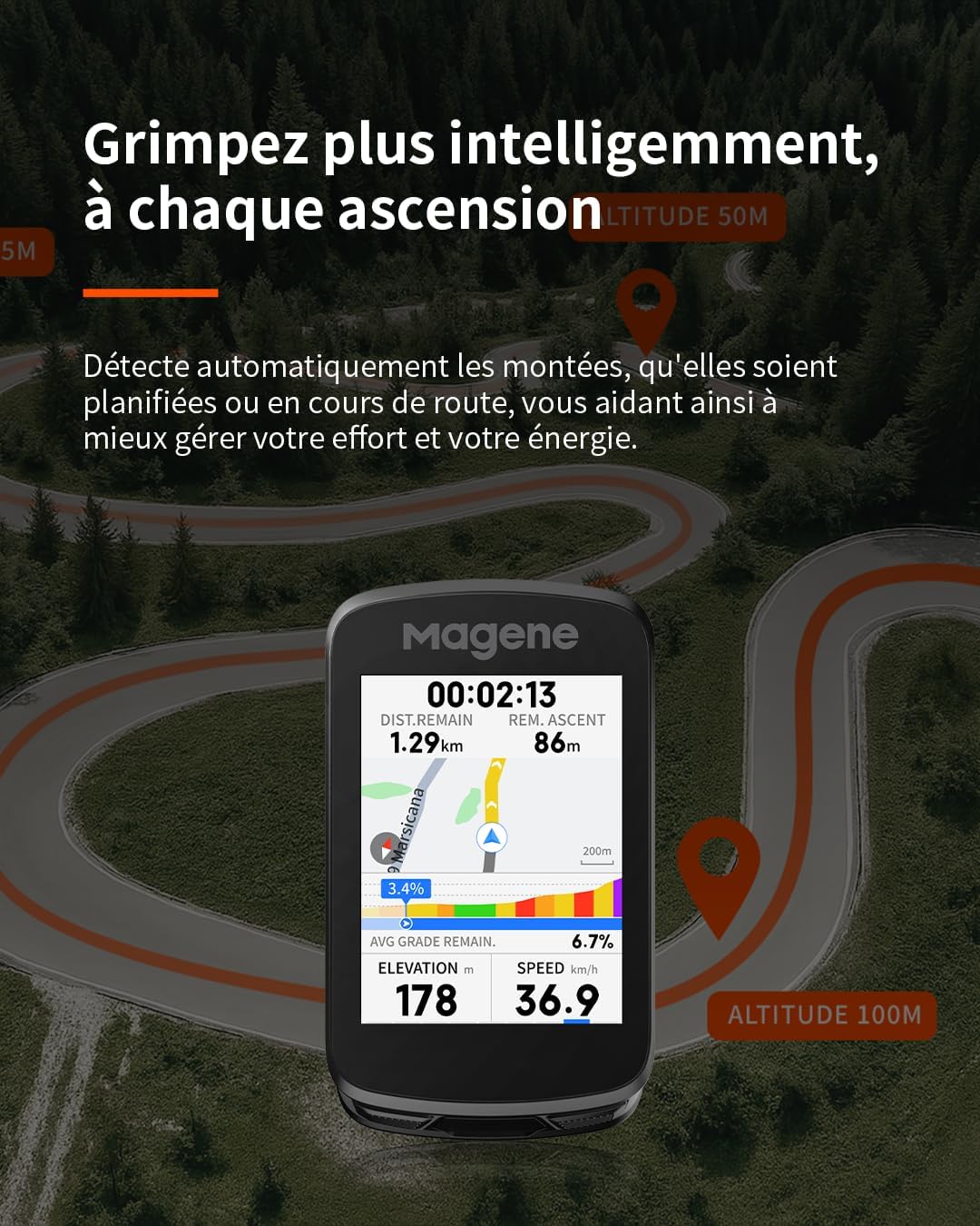 C606/C606 V2 Compteur GPS vélo, Multi-Scenario ClimbPro, Transfert de données Wi-FI et Bluetooth, Replanification d'itinéraire, Affichage des données Personnalisable C606 V2-Noir et gris