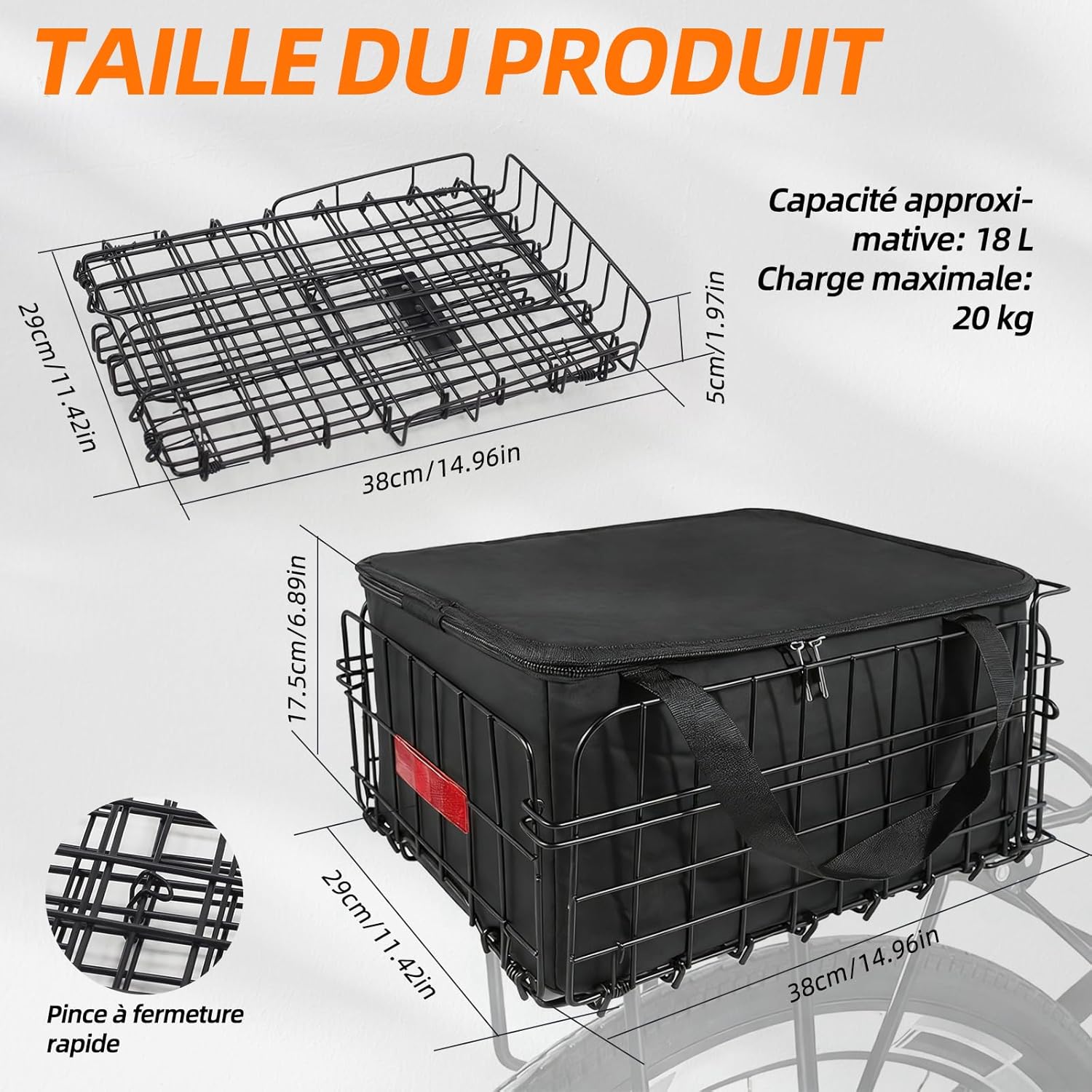 Panier de vélo - Panier de vélo unisexe, montage arrière, amovible, grande capacité, adapté pour vélos électriques, VTT, vélos de ville et vélos de loisir - (Montage sur roue arrière, pliable)