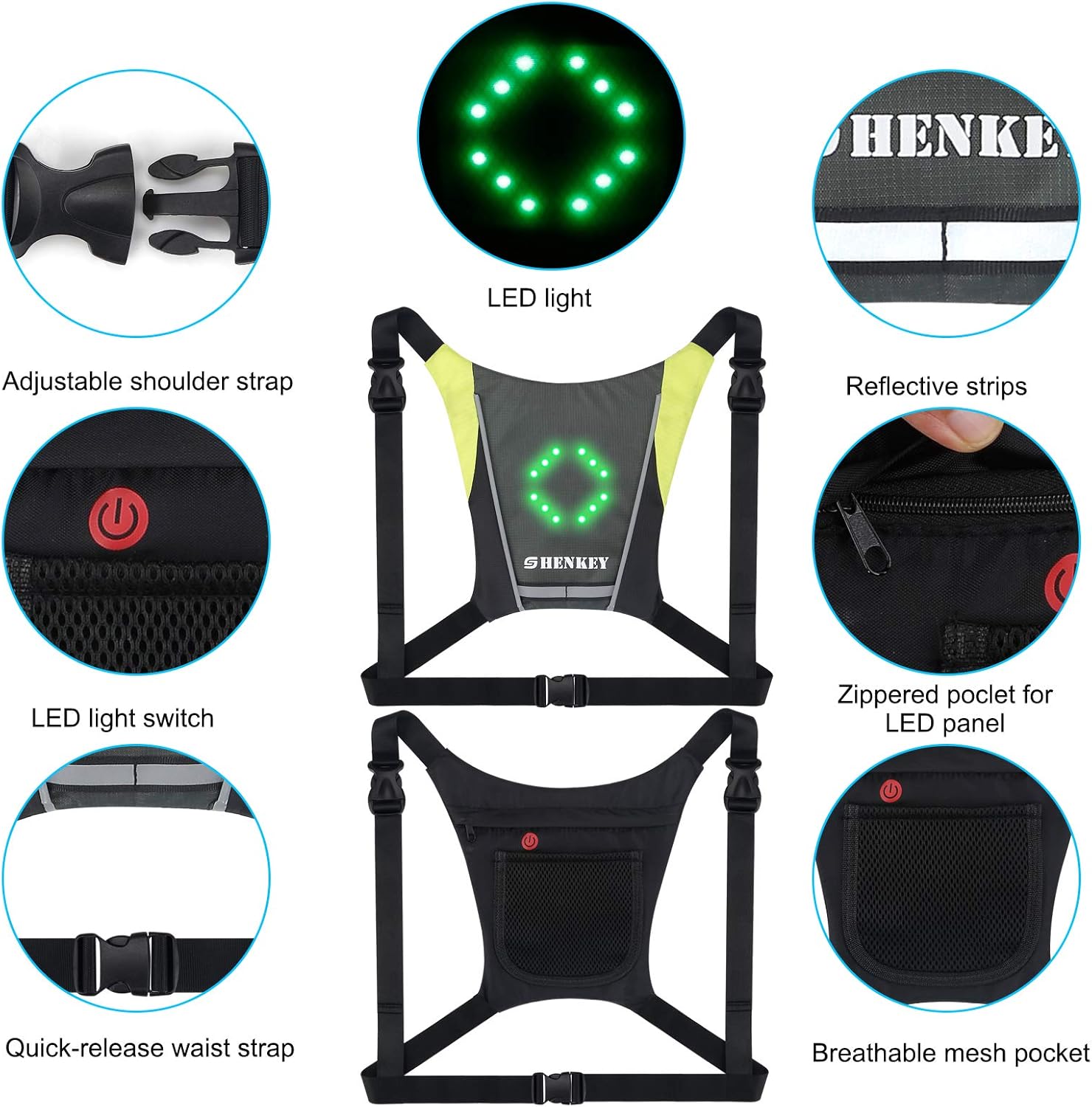 Gilet de Cyclisme réfléchissant à LED avec indicateur de Direction - Télécommande, Feux de Direction, Rechargeable par USB, Installation Facile pour témoin de sécurité à vélo Gris